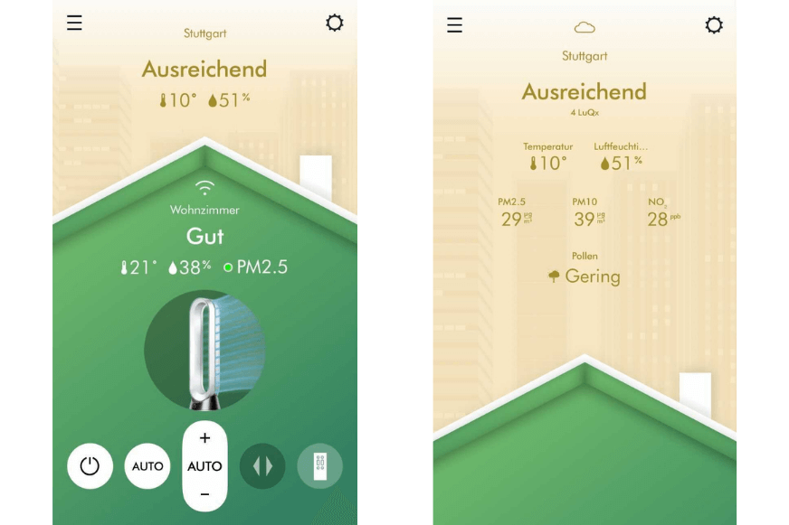 Die Luftqualität im Innenraum und  des Wohnortes in der Dyson Link App